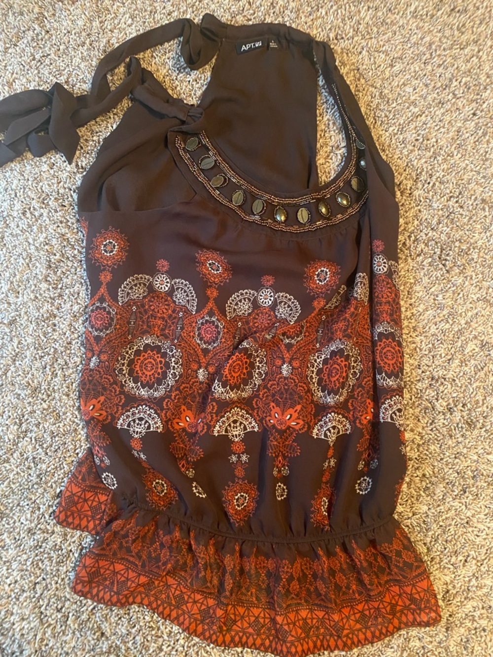 Apt. 9 Brown Halter Tank with Red & Cream Medallion Border Beaded